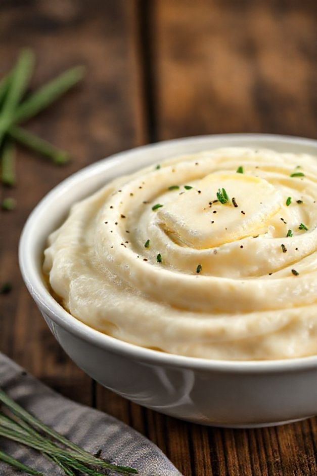 Purê de batata cremoso feito com ingredientes para fazer purê de batata perfeito, textura aveludada em bowl branco com salsa fresca