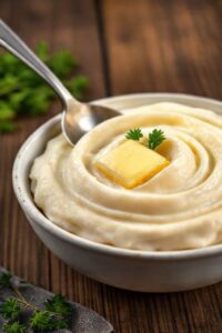 Purê de batata cremoso em tigela branca com textura suave, manteiga derretida e salsinha fresca - ingredientes para purê de batata perfeito