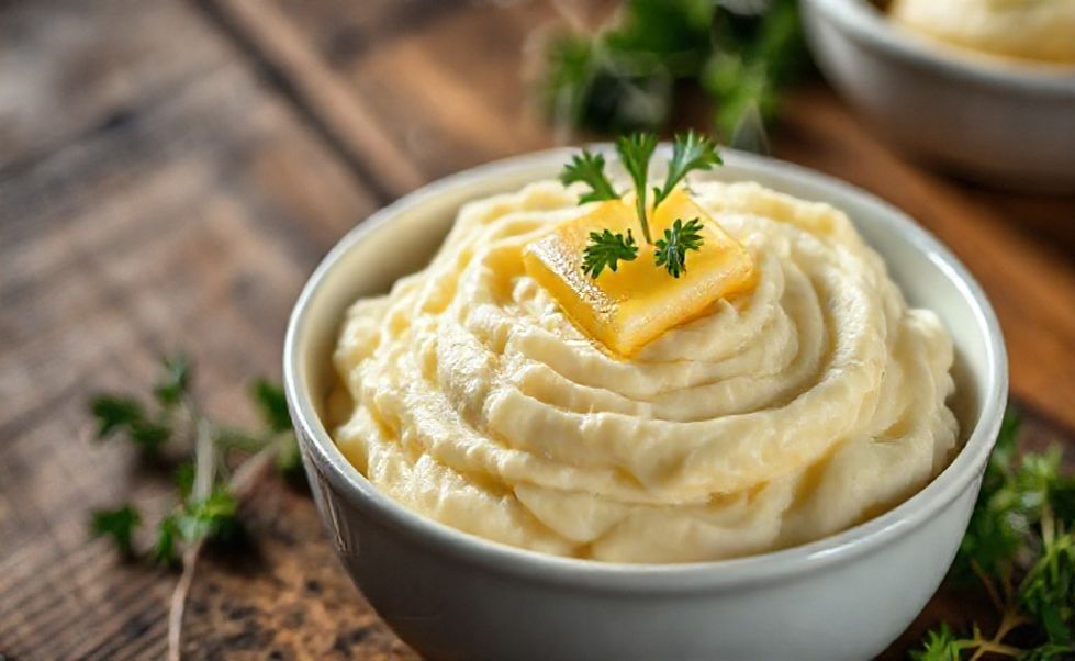 Purê de batata cremoso em bowl branco com manteiga derretendo, textura aveludada visível, decorado com salsa fresca sobre mesa rústica