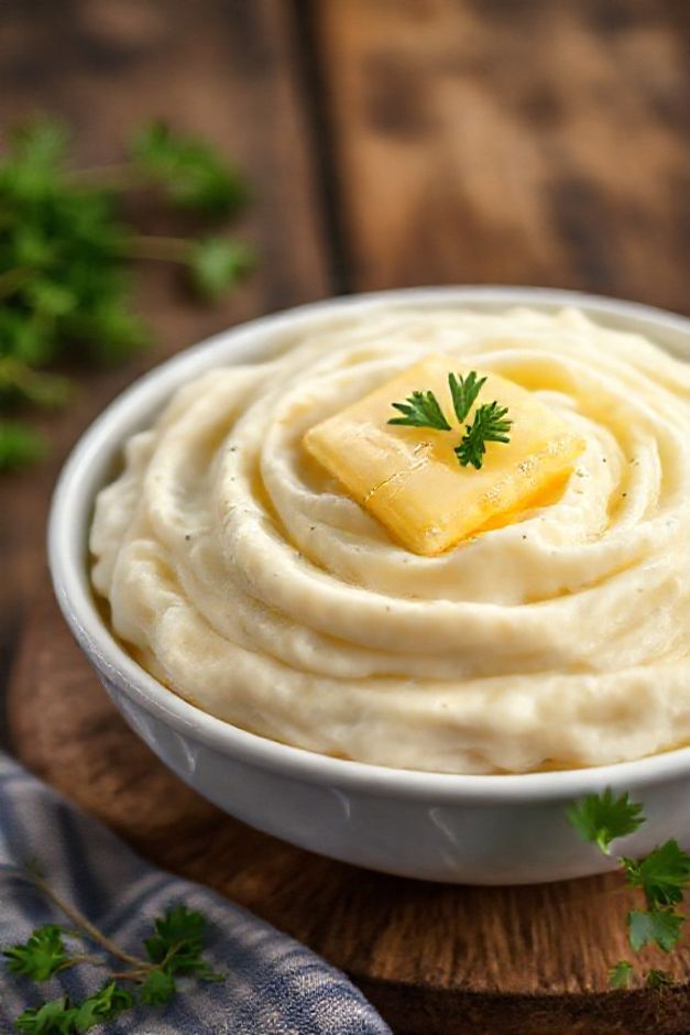 Purê de batata cremoso servido em tigela branca com manteiga derretendo, textura aveludada perfeita usando ingredientes simples do purê de batata