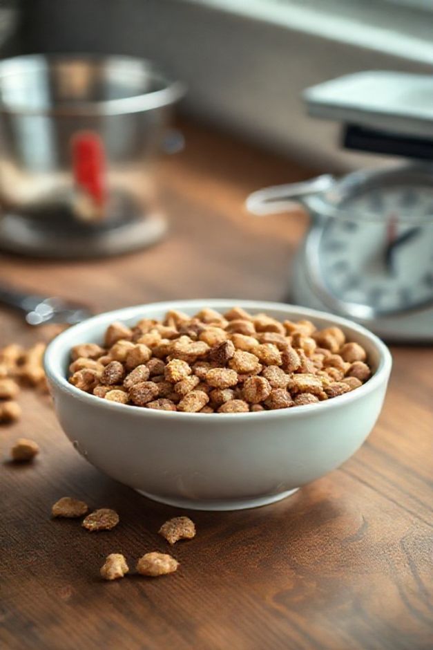 Porção adequada de ração seca para cães medida precisamente, respondendo Quanto de ração meu cachorro deve comer por dia