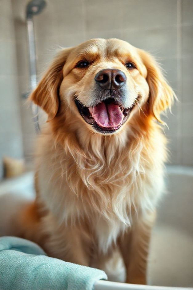 Cachorro golden retrizer feliz após banho, pelagem limpa e bem cuidada - guia completo sobre Quantos Banhos Por Mês São Ideais Para Ele