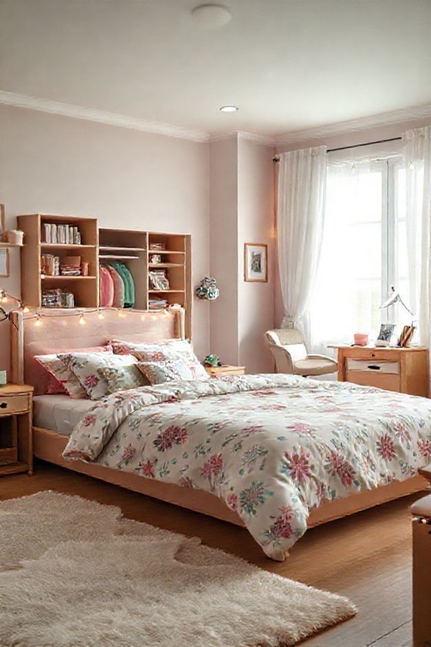Quarto adolescência feminino decorado com cama confortável, área de estudo organizada e elementos pessoais que refletem estilo único e aconchegante