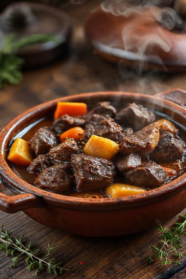 Quarto de despejo tradicional servido em panela de barro com pedaços suculentos de carne bovina, batatas douradas e cenouras em molho encorpado