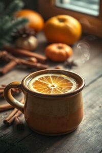 Quentão ingredientes servido em caneca de cerâmica com rodelas de laranja e limão, fumegante e aromático, cor dourada intensa com especiarias visíveis