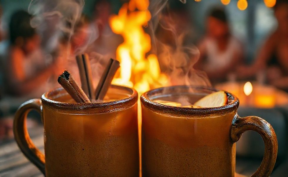 Quentão tradicional brasileiro servido fumegante em caneca de cerâmica com pau de canela e rodelas de laranja, mostrando ingredientes para fazer quentão
