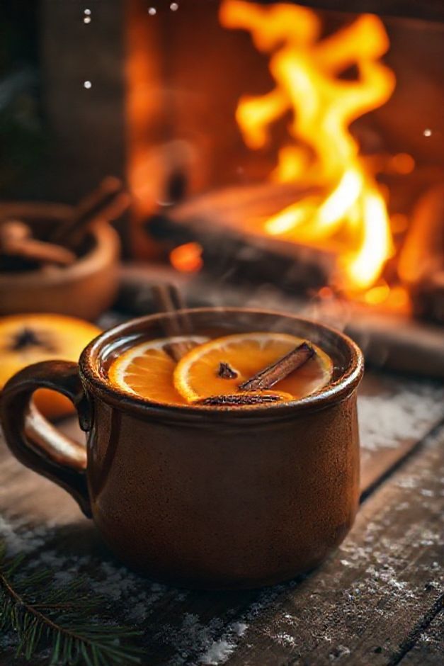 Quentão tradicional brasileiro servido em caneca com rodelas de laranja, canela e cravo, vapor saindo da bebida âmbar em ambiente aconchegante