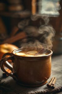 Quentão tradicional brasileiro servido quente em caneca com rodelas de limão, maçã e especiarias - ingredientes para quentão autêntico