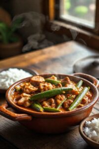 Quiabada ingredientes tradicional servida em panela de barro com quiabo verde, linguiça dourada e costelinha em molho encorpado
