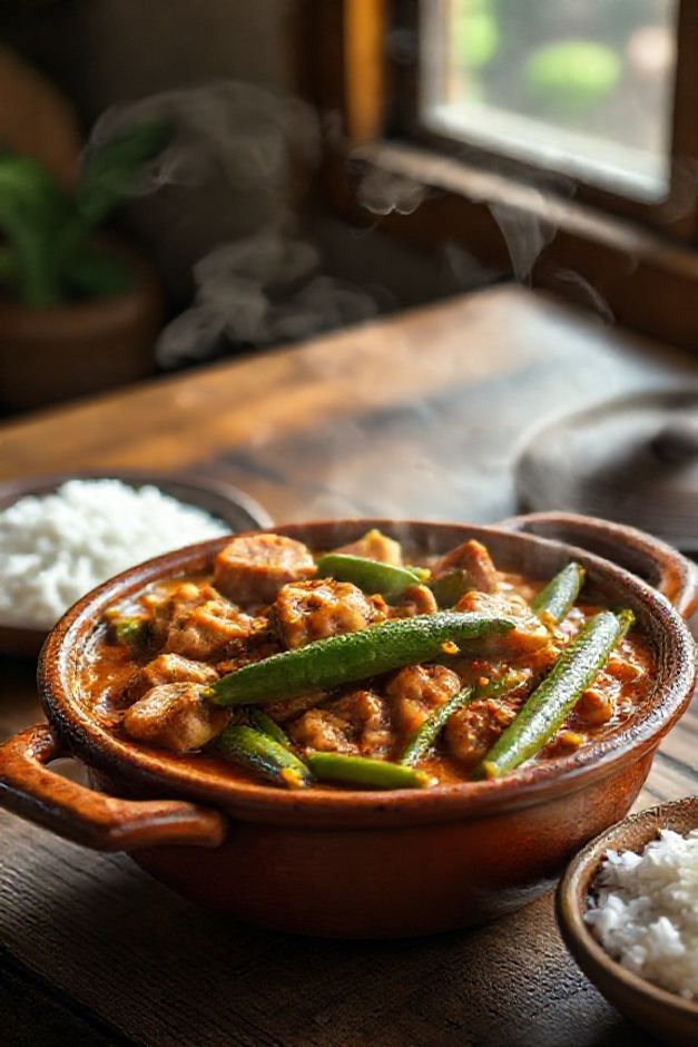 Quiabada ingredientes tradicional servida em panela de barro com quiabo verde, linguiça dourada e costelinha em molho encorpado
