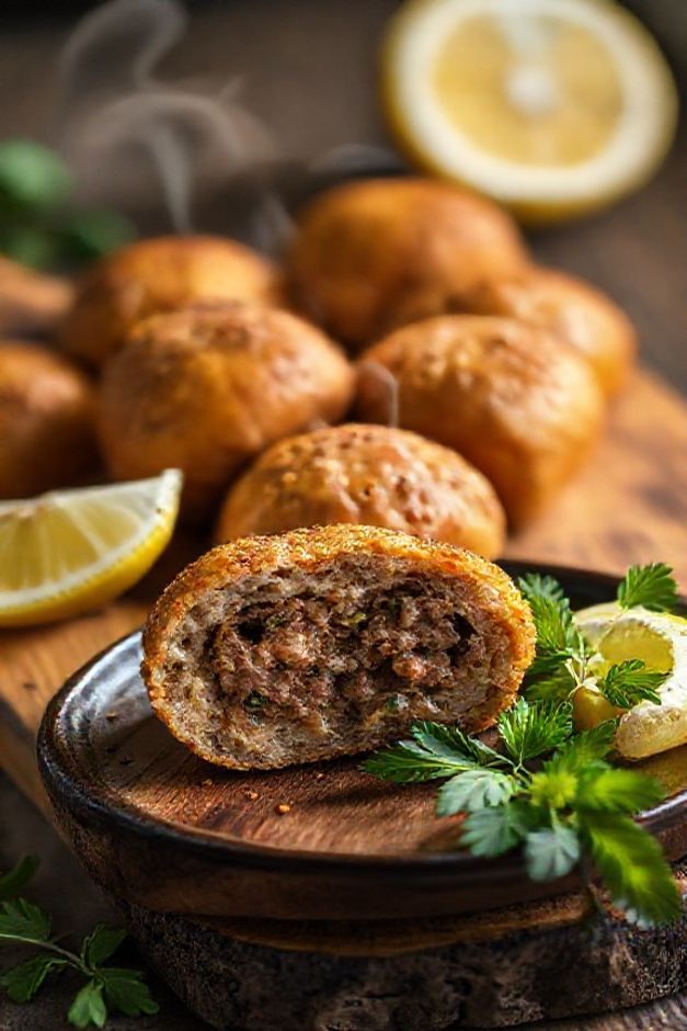 Quibe ingredientes assado dourado com recheio de carne e ervas, servido em tábua de madeira com limão e hortelã fresca como decoração