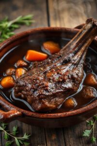 Rabada ao molho escuro com carne macia e legumes, prato tradicional brasileiro preparado com ingredientes para rabada selecionados