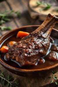 Rabada Suculenta servida em bowl cerâmico com molho escuro brilhante, carne macia desfiando e legumes coloridos visíveis