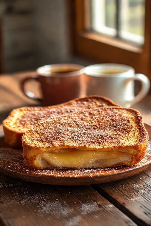 Rabanada ingredientes preparados com crosta dourada e canela, mostrando textura macia interna em fatias sobre tábua de madeira rústica
