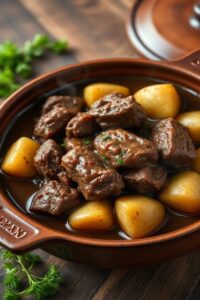 Receita estadual de carne de panela cremosa com batatas douradas em molho encorpado, servida em panela de barro tradicional brasileira