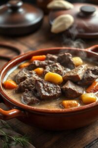 Receita Fazenda Gov Br tradicional servida em panela de barro com carne macia, batatas douradas e cenouras em molho cremoso aromático