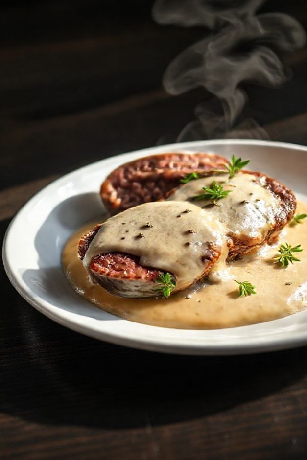 Receita Gov Br - filés mignon suculentos com molho cremoso em apresentação sofisticada, decorados com ervas frescas sobre prato branco