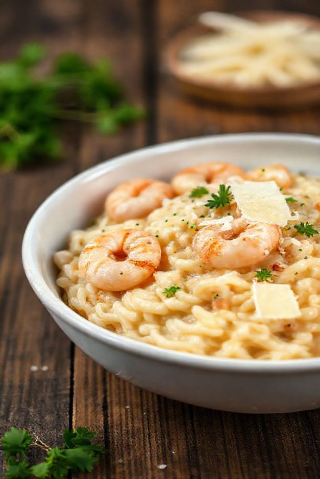 Risoto de camarão cremoso com açafrão em bowl branco, camarões suculentos visíveis, decorado com salsinha fresca e lascas de parmesão - ingredientes para fazer