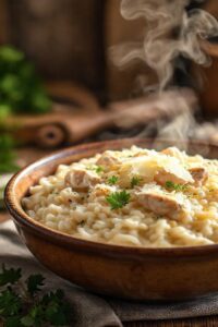 Risoto de frango cremoso em tigela cerâmica com grãos al dente visíveis, frango suculento e lascas de parmesão - ingredientes para risoto de frango perfeito