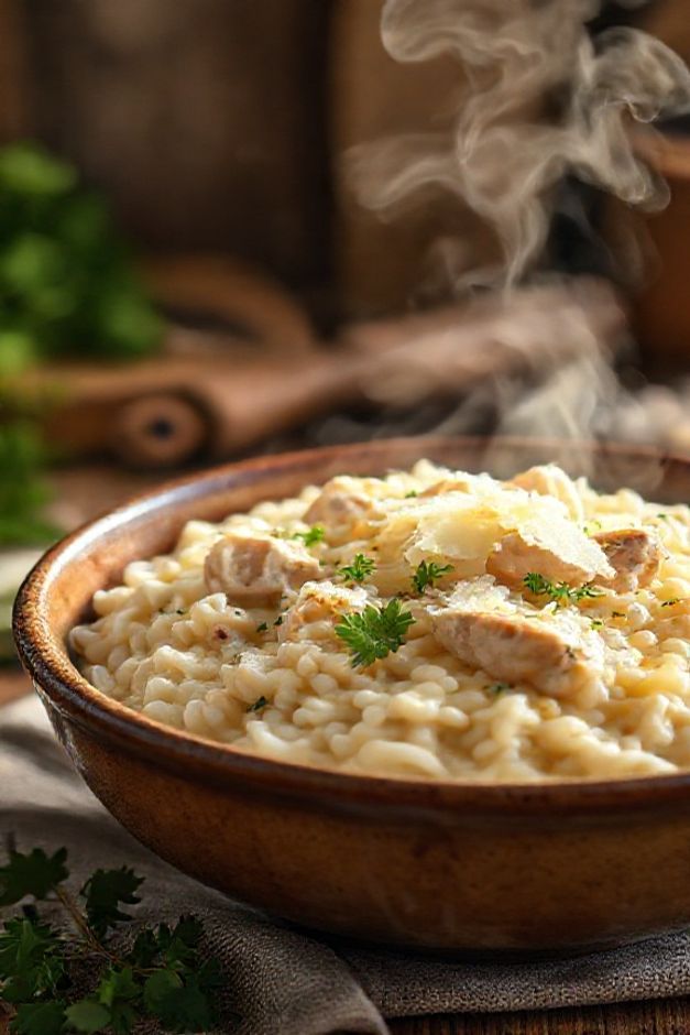 Risoto de frango cremoso em tigela cerâmica com grãos al dente visíveis, frango suculento e lascas de parmesão - ingredientes para risoto de frango perfeito