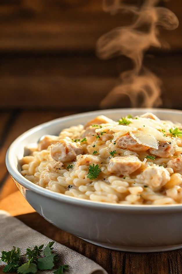Risoto de frango cremoso em tigela branca com grãos al dente visíveis, pedaços suculentos de frango e parmesão ralado - perfeito risoto de frango ingredientes