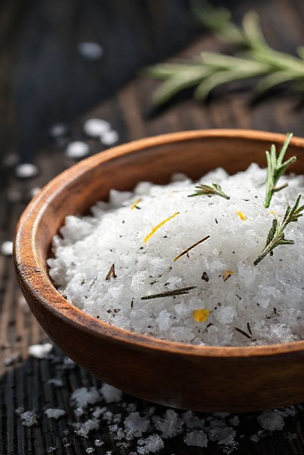 Sal Receita Federal artesanal com ervas frescas e limão em tigela de madeira rústica, textura grossa e aromática