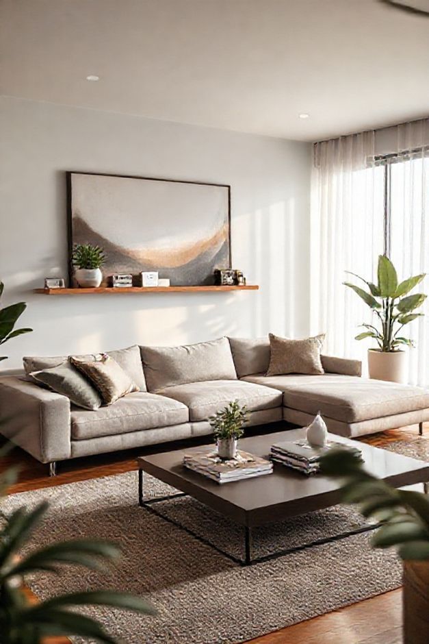 Sala de estar decoração moderna com sofá contemporâneo, mesa de centro retangular, plantas ornamentais e iluminação aconchegante em ambiente clean