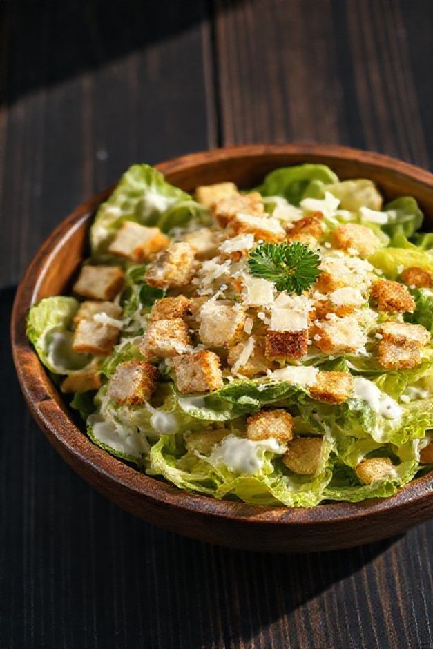 Salada caesar fresca com alface crocante, molho cremoso, croutons dourados e lascas de queijo parmesão em bowl de madeira