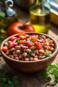 Salada de feijão fradinho ingredientes coloridos em bowl cerâmico com tomates, cebola roxa, pimentão e salsinha fresca