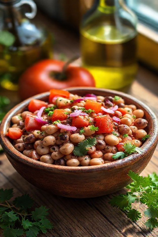 Salada de feijão fradinho ingredientes coloridos em bowl cerâmico com tomates, cebola roxa, pimentão e salsinha fresca