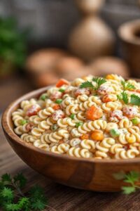Salada de macarrão cremosa com ingredientes coloridos incluindo cenoura, milho e ervilhas, perfeita para refeições leves