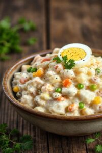 Salada de maionese cremosa em bowl cerâmico com batatas, cenouras, milho e ervilhas, decorada com salsinha e ovos cozidos