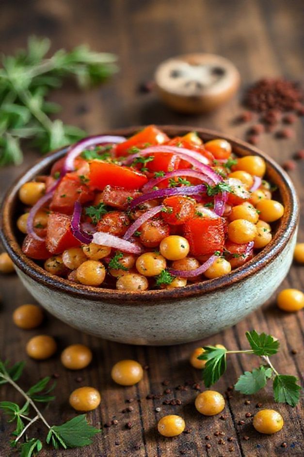 Salada marroquina ingredientes frescos em bowl cerâmico mostrando grão-de-bico, tomates, cebola roxa e ervas com azeite