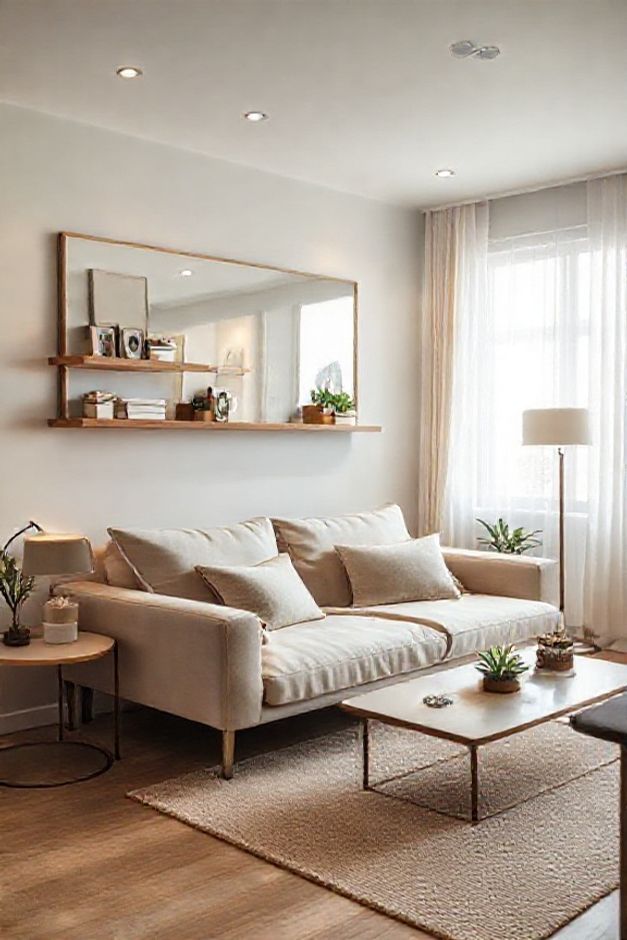 Sala de estar pequena decorada com móveis multifuncionais, espelho ampliador, iluminação estratégica e paleta de cores claras na salas pequenas decoração