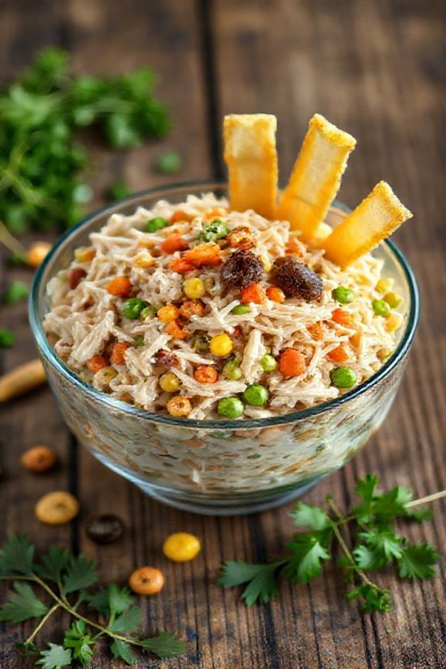 Salpicão cremoso brasileiro com frango desfiado, cenoura, milho e batata-palha crocante - ingredientes para fazer o salpicão tradicional