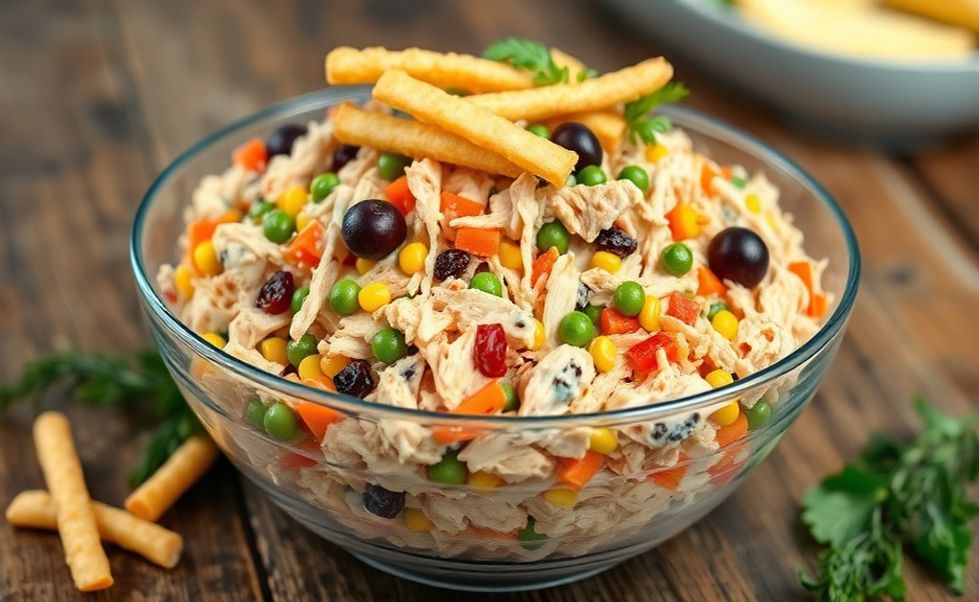 Salpicão brasileiro cremoso com ingredientes de um salpicão incluindo frango desfiado, legumes coloridos e batata palha crocante em bowl de vidro