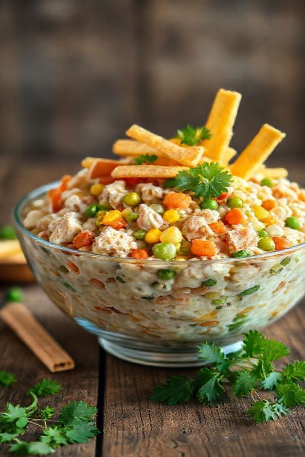 Salpicão de frango cremoso com cenoura, milho, ervilhas e batata palha crocante - prato colorido e appetitoso mostrando os ingredientes do salpicão de frango