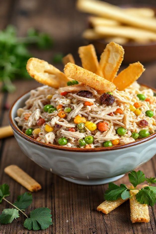 Salpicão de frango simples cremoso com milho, ervilha, cenoura e batata palha, apresentado em bowl cerâmico sobre mesa rústica