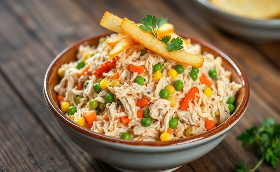 Salpicão tradicional brasileiro em bowl cerâmico mostrando ingrediente para fazer salpicão com frango desfiado, cenoura, milho e batata-palha crocante