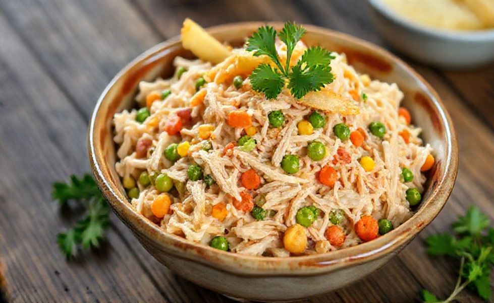 Salpicão brasileiro tradicional em tigela cerâmica mostrando frango desfiado, cenoura ralada, milho verde e batata palha crocante como ingrediente para o salpicão perfeito