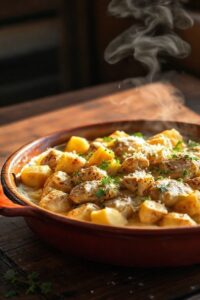 Prato de salpição de frango para 30 pessoas com cubos dourados de batata e frango em molho cremoso, decorado com salsa fresca e queijo parmesão ralado