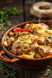 Salpição de frango tradicional servido em assadeira com camadas de batata dourada, frango suculento e queijo derretido, usando ingredientes para salpição de frango tradicional