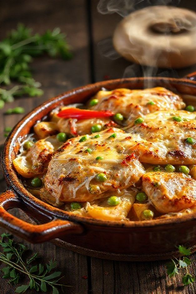 Salpição de frango tradicional servido em assadeira com camadas de batata dourada, frango suculento e queijo derretido, usando ingredientes para salpição de frango tradicional