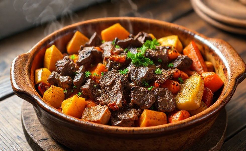 Salpição tradicional brasileiro com carne suculenta, legumes dourados e temperos frescos servido em assadeira de cerâmica