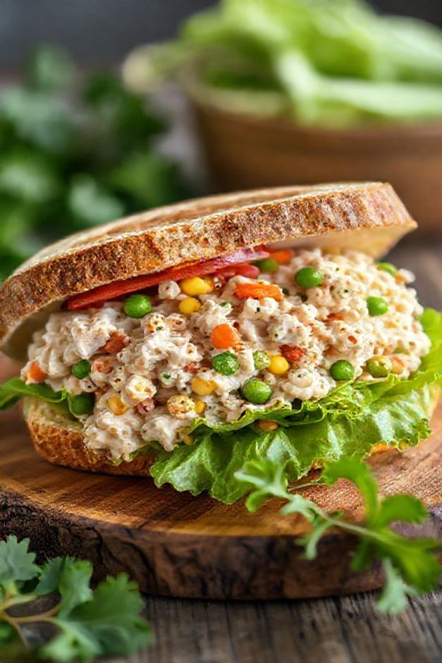 Sanduíche natural cortado ao meio mostrando recheio cremoso com frango, cenoura, milho e alface fresca em fundo rústico