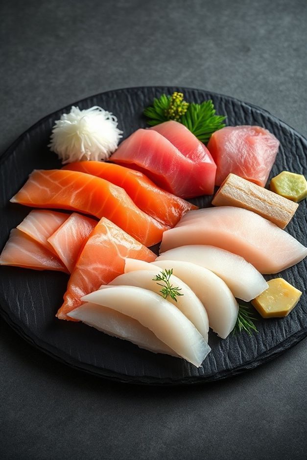 Prato de sashimi japonês com fatias finas de salmão, atum e peixe branco fresco, acompanhado de wasabi, gengibre e rabanete