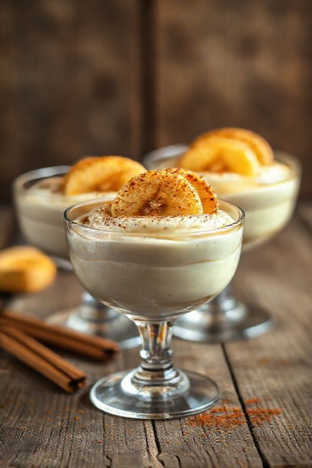 Sobremesa de Banana com Creme servida em taça transparente mostrando camadas cremosas com rodelas douradas de banana e canela polvilhada