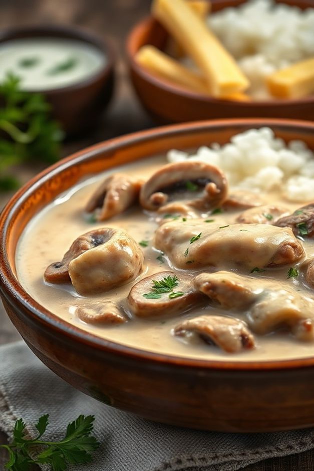 Strogonoff cremoso com carne macia e molho aveludado preparado com ingredientes do strogonoff frescos, servido em bowl cerâmico com batata palha