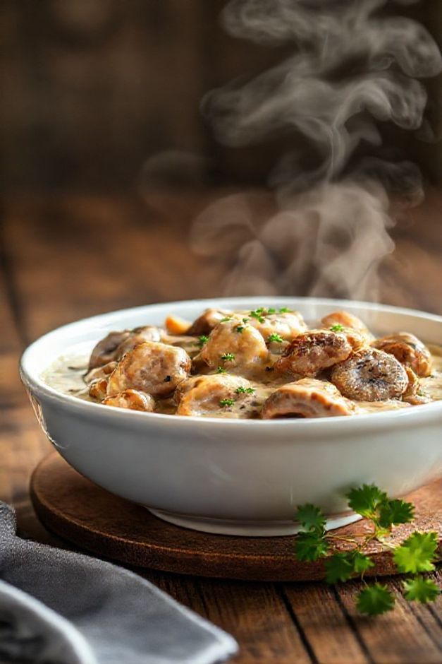 Strogonoff de carne cremoso com tiras douradas de carne bovina em molho cremoso com champignons, decorado com salsinha fresca