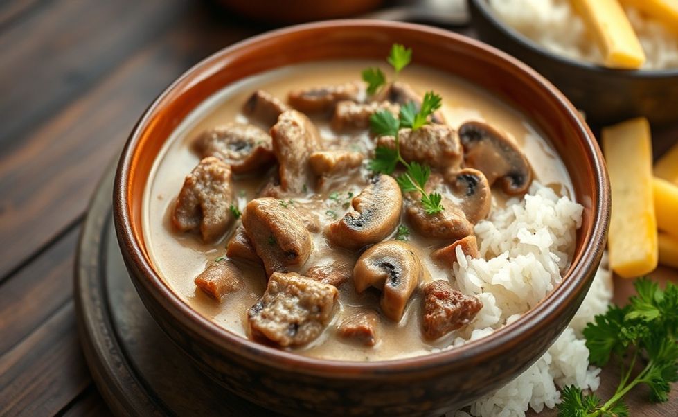 Strogonoff de carne cremoso com ingredientes frescos, servido com arroz branco e batata palha em apresentação apetitosa e convidativa